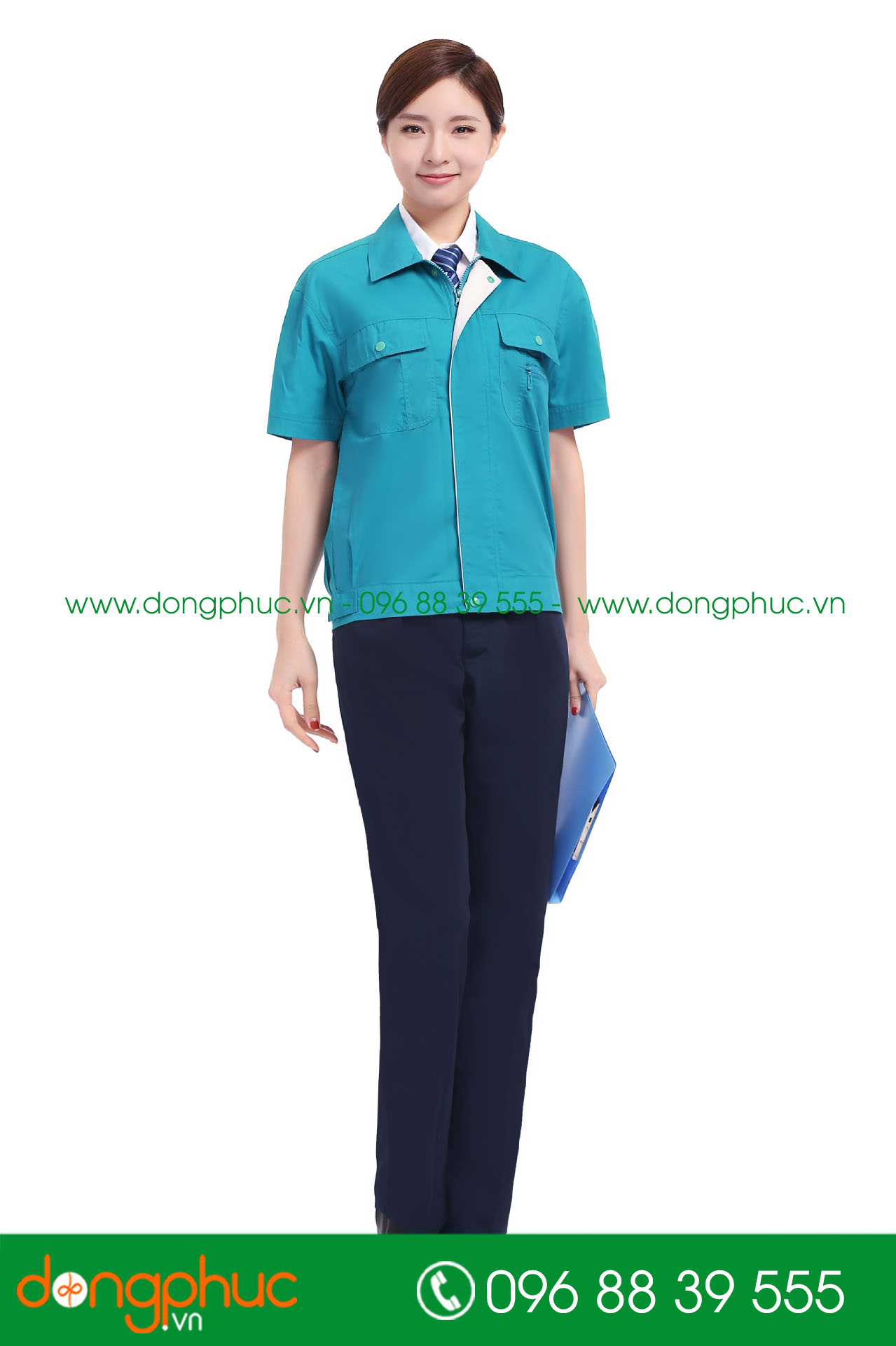 Mẫu bảo hộ màu xanh YA phối ghi cộc tay